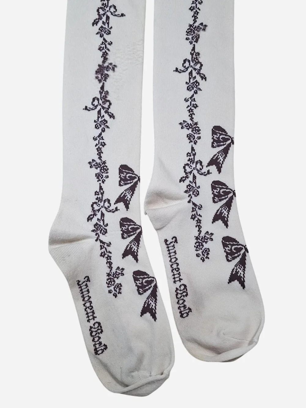 Innocent World Ivory Brown Bow Garland OTK Socks | Classic Lolita